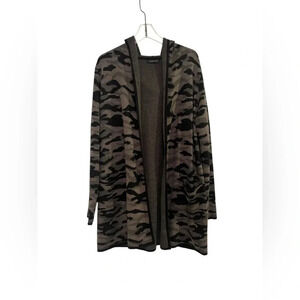 Women's Rachel Zoe Hooded Cardigan Sweater Green Black Camo Print Small Pockets
